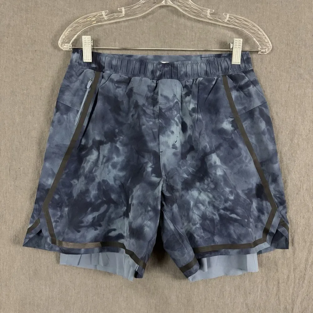 Lululemon Men's Medium Tie Dye River Blue Navy 6" Inseam Lined Surge Shorts